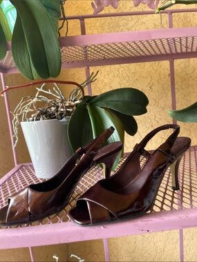 Vintage Brown Patent Peep-Toe Slingback Heels from Harold’s Department Store